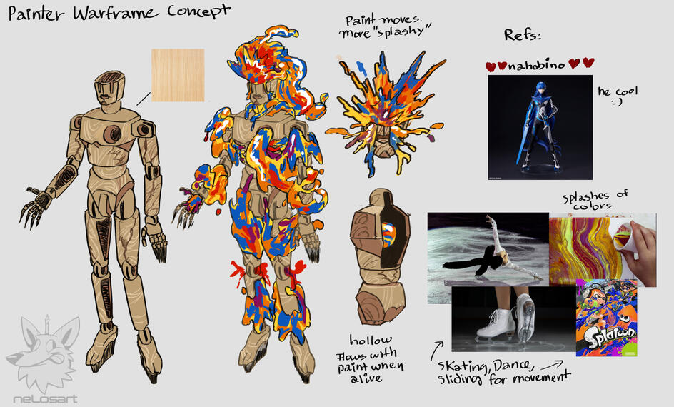Art doll warframe, inspired by ice skating too, when dormant it looks like that, but it should have some sort of colorful armor when active