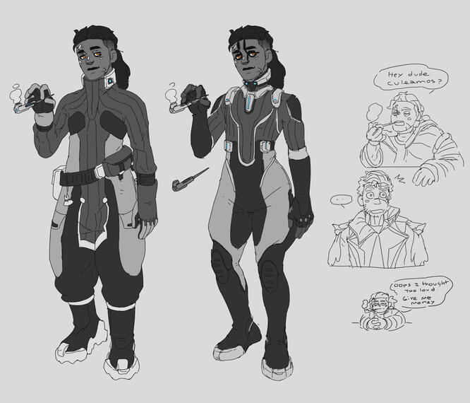Some outfit sketches of Higgs (oc), "culeamos" is a funny way to say lets fuck.