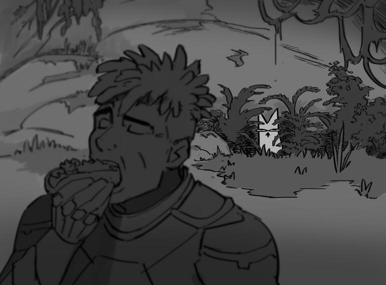 Drifter eating a hot dog while being stalked and stink eye'd by Niji