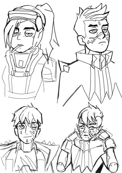 Very early and rough sketches of operator OCs, in order: Higgs, Burroughs, Birdbrained, Locke