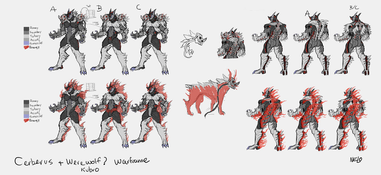 Iteration sketches of the cerberus frame before adding the gladiator elements